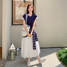 韩版学院风拼接腰封绑带连衣裙女2025夏季新款休闲减龄飞飞袖长裙，女装连衣裙，2C201