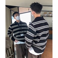网图复古条纹撞色POLO毛衣情侣翻领长袖针织衫A025-BM1235-P55，男装针织衫/毛衣，电商A025