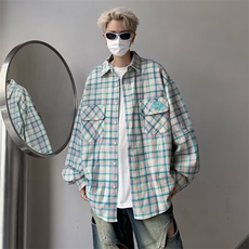 高街风刺绣字母格子衬衫男女春秋iins情侣装防晒格纹衬衣-CC129，男装衬衫，星座601-2