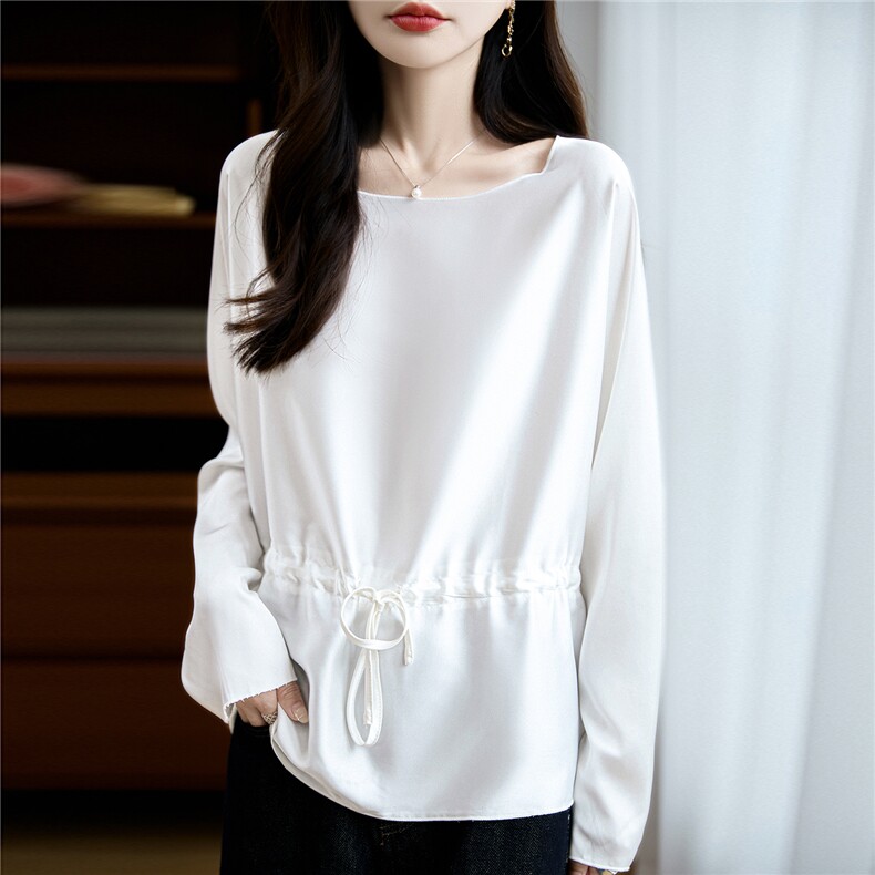 2025年秋季缎面腰部抽绳长袖上衣，女装衬衫，圣丽羊绒