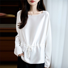 2025年秋季缎面腰部抽绳长袖上衣，女装衬衫，圣丽羊绒