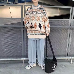 秋冬款复古套头毛衣男ins情侣韩版潮流港风个性宽松慵懒风针织图片