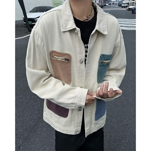 美式撞色拉链多口袋牛仔外套男宽松设计感工装夹克上衣W6310-P75图片