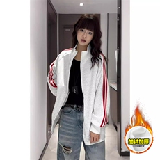 480G重磅加绒硬挺boxy男女秋冬美式高街三条杠立领卫衣开衫厚外套，女装短外套，电商A486-1