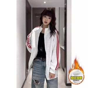 480G重磅加绒硬挺boxy男女秋冬美式高街三条杠立领卫衣开衫厚外套图片