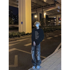 美式复古英文诗歌印花长袖T恤小领口打底衫，男装T恤，星座310A-4