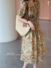 现货夏季新款复古花色连衣裙，女装连衣裙，蜜思印·金