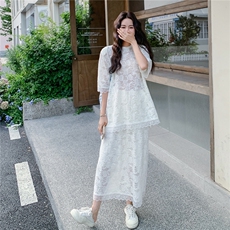 法式宽松蕾丝套装裙女2025夏季新款高级感清透T恤半身裙两件套潮，女装套装/套裙，2C317