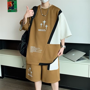 短袖短裤套装男夏季冰丝凉感t恤男一套搭配帅气青少年休闲运动服T图片