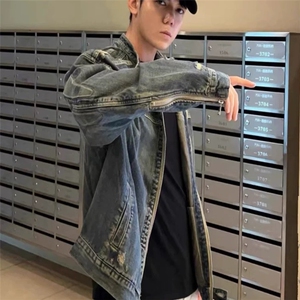 美拉德潮牌复古水洗做旧牛仔外套男女高街百搭浮雕异形机甲夹克秋图片