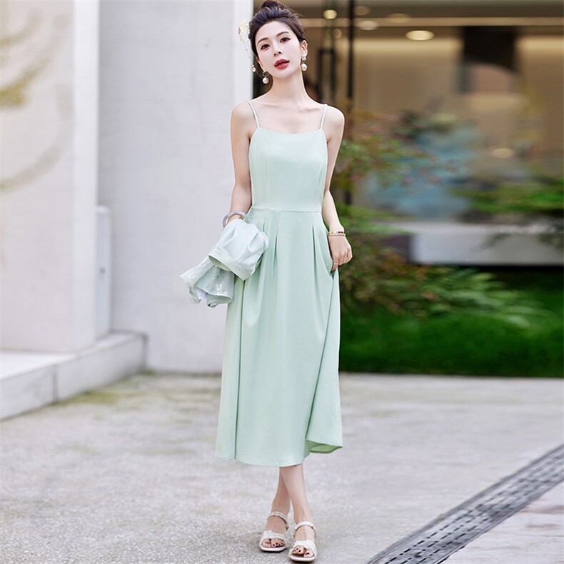 新中式国风吊带裙套装女2024夏季新款时尚高级感茶服连衣裙两件套,女装套装/套裙,芷墨服饰