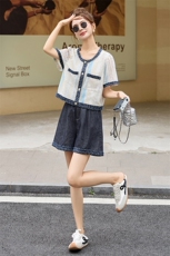 小香风撞色短袖套装女2025夏季新款时尚巨好看独特阔腿短裤两件套，女装套装/套裙，艾仟回(原伊仟回)