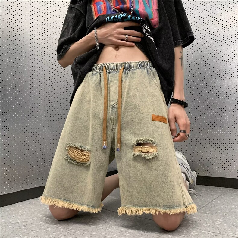 黄泥色牛仔短裤男美式vibe潮牌破洞毛边宽松阔腿五分中裤D667-p36,男装牛仔裤,星座1008