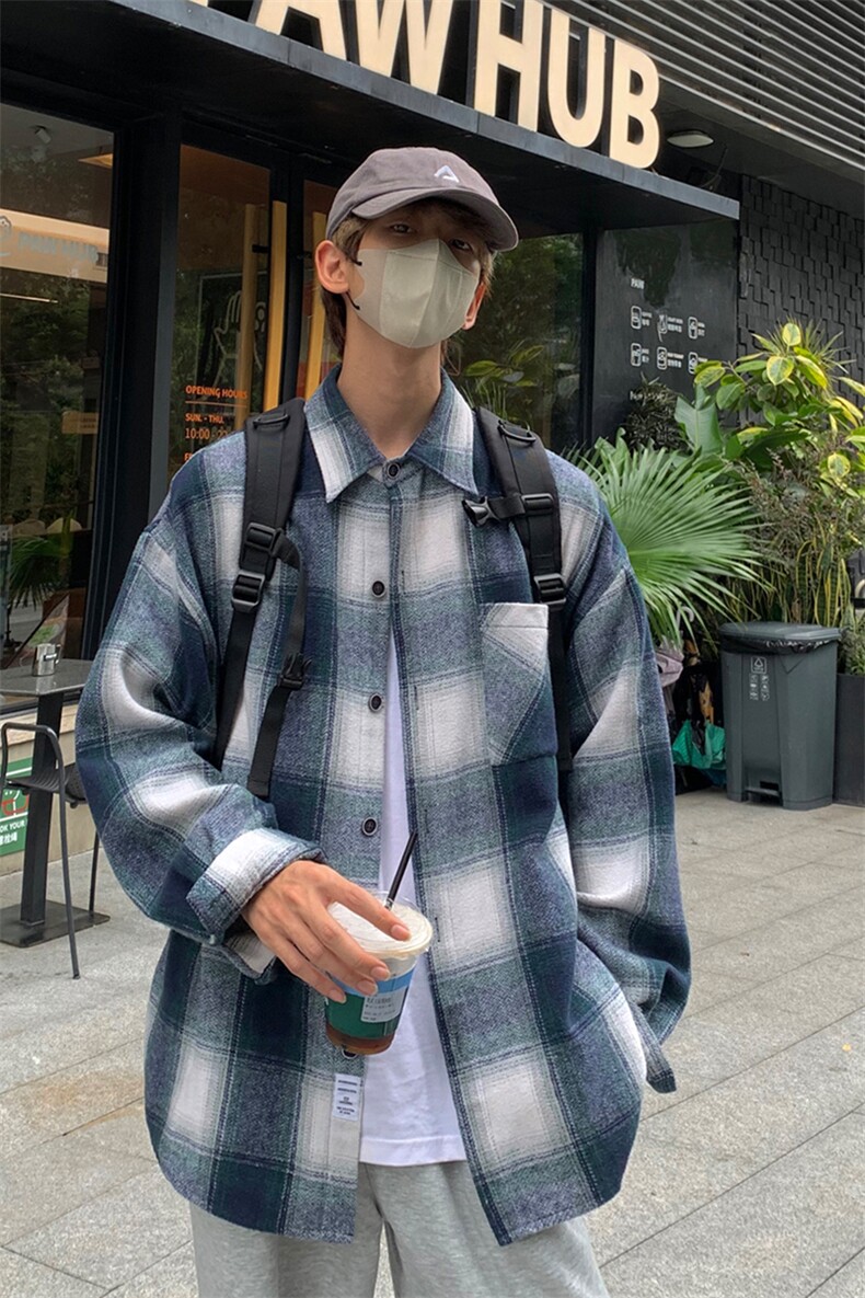 抖音格子衬衫男士外套长袖衬衣宽松港风DX505P5578,男装衬衫,电商B413-1