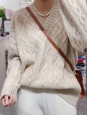 女士秋季新款修身显瘦V领半身菱形格针织衫，女装针织衫/毛衣，悦玛羊绒