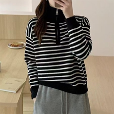 慵懒风条纹POLO翻领长袖卫衣女秋季韩版宽松休闲半拉链上衣，女装针织衫/毛衣，萱芳婷羊绒