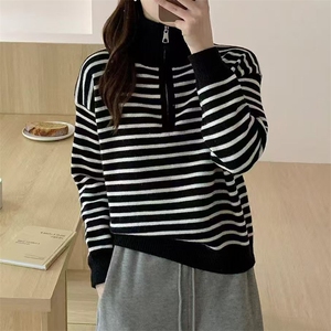 慵懒风条纹POLO翻领长袖卫衣女秋季韩版宽松休闲半拉链上衣图片