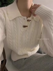 2025翻领纽扣领子针织衫百搭简约时尚，女装针织衫/毛衣，思途羊绒
