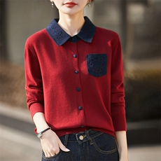 2026年秋季时尚百搭通勤简约休闲polo领包扣撞色开衫，女装羊毛衫，暖烁羊绒