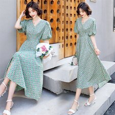 V领短袖时尚收腰气质百搭韩版2021夏季连衣裙，女装连衣裙，超帛