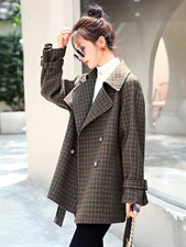 短款2021年秋季96%及以上长袖双排扣自主图聚酯，女装毛呢外套，秋水欣儿