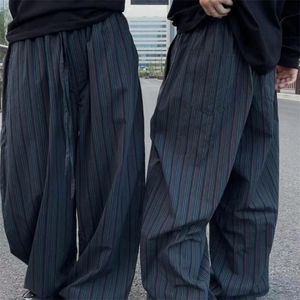 美式复古条纹休闲裤男女宽松直筒阔腿裤子垂感拖地长裤潮 KA838图片