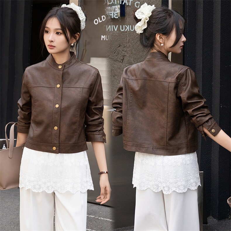 海宁仿真皮衣外套女2025春秋BAO款小个子短款可水洗PU皮夹克上衣，女装皮衣，江南女神