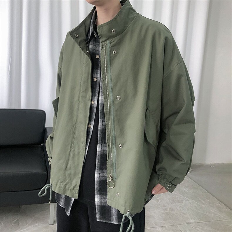 现货水洗棉立领夹克韩版宽松工装休闲外套港风抽绳A114- P90图片