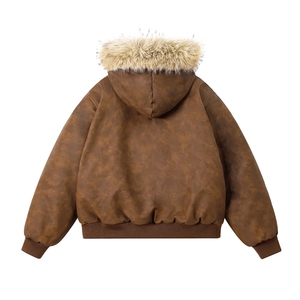 现货 扎染PU皮棉服男冬季加厚连帽棉衣座山雕大毛领外套M090-P120图片