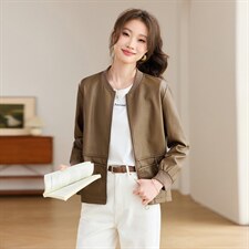 2026年春季棒球领休闲水洗皮短款外套，女装皮衣，文熹诺