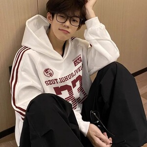 美式复古球衣风33号条纹数字连帽卫衣男女秋季宽松上衣ins图片