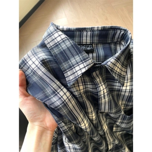 藏蓝色格子衬衫男长袖美式复古格纹衬衣高级感cleanfit情侣装外套图片
