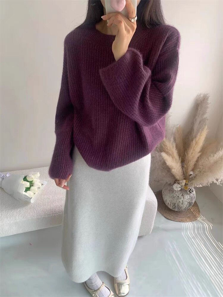时尚百搭宽松显瘦圆领羊毛衫女秋冬新款慵懒风加厚保暖毛衣,女装羊毛衫,圣旺供货