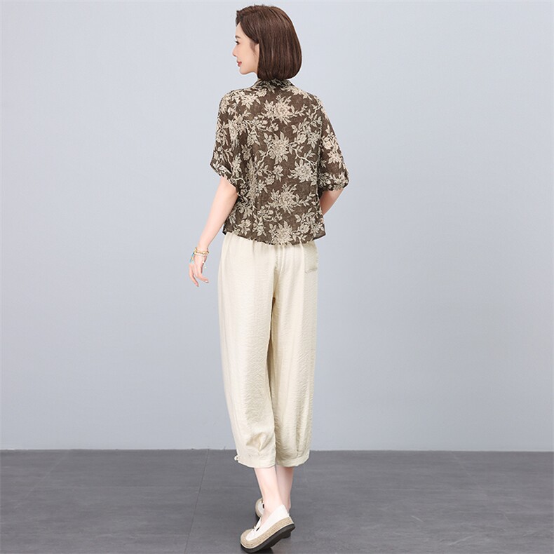夏季薄款短袖上衣阔腿裤两件套印花休闲时尚高贵妈妈套装女潮，女装套装/套裙，多彩
