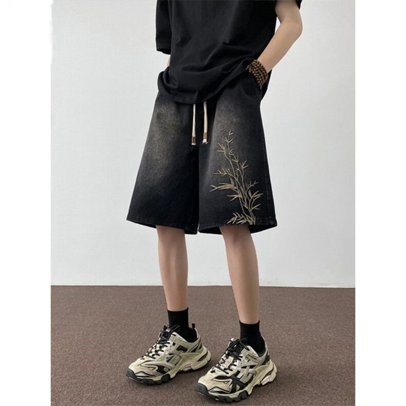 风竹子刺绣牛仔短裤男夏季宽松直筒五分裤美式高街DK03-P35，男装牛仔裤，星座208-5