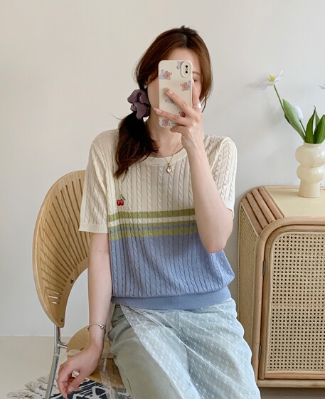 条纹麻花薄款2025春夏款圆领领樱桃减龄时尚气质短袖T恤女针织上,女装羊毛衫,臻纶羊绒