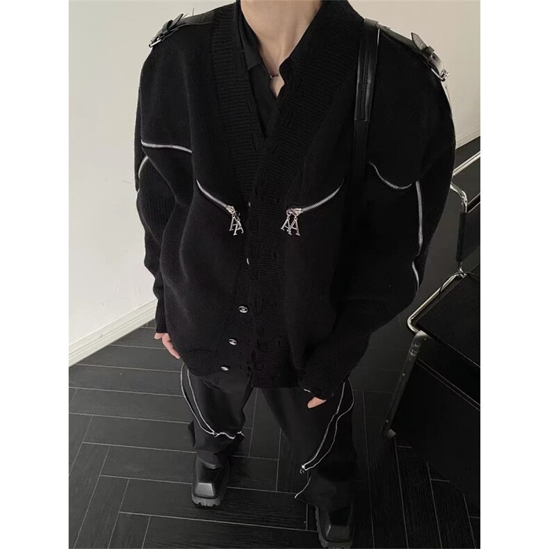 破坏设计感小众解构型V领针织开衫重工拉链金属外套-ZT315-网络图图片