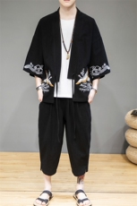 A611P75咖啡厅亚麻风宽松百搭时尚仙鹤绣花七分汉服套装，男装T恤，电商A026