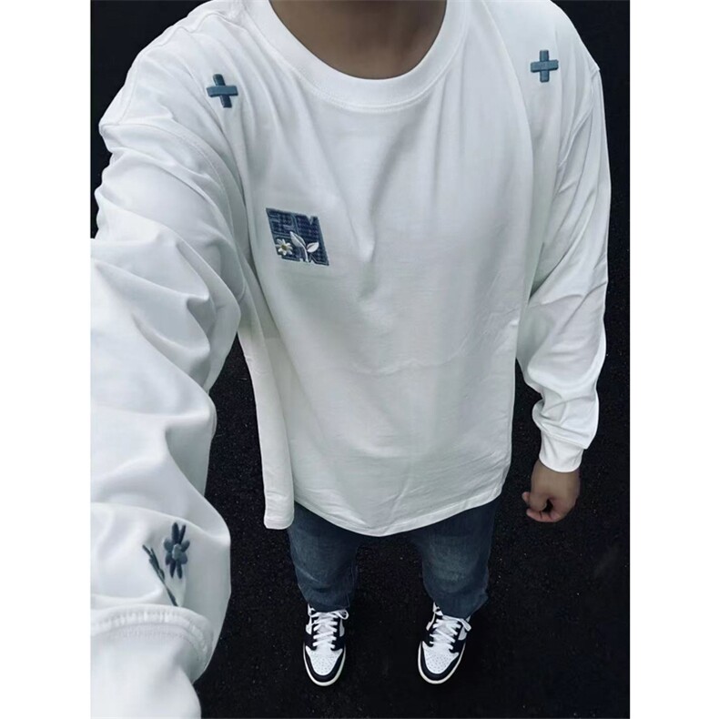 网图有货美式高街雏菊刺绣纯棉长袖T恤男女宽松情侣上衣A978-P38，男装T恤，星座1505