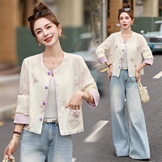 2025春夏季新款紫色薄款刺绣网纱蕾丝防晒衣女新中式国风短款外套，女装短外套，依如秀(原杭风阁)