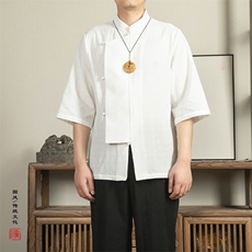风男装棉麻男士立领唐装衬衫短袖改良新中式短袖X03P75，男装衬衫，钱塘802