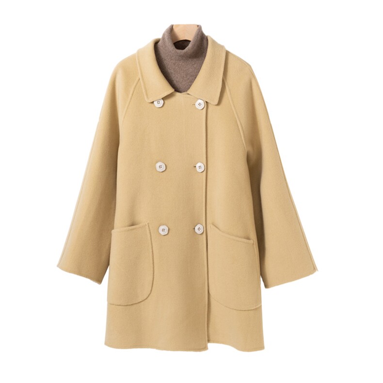 秋冬季羊毛休闲气质通勤翻领双排扣带兜双面呢大衣中长款，女装双面呢大衣，彬斯双面尼