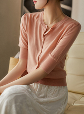 法式气质冰丝薄款泡泡袖短袖开衫女夏季宽松短款圆领半袖针织T恤，女装针织衫/毛衣，恒旺羊绒