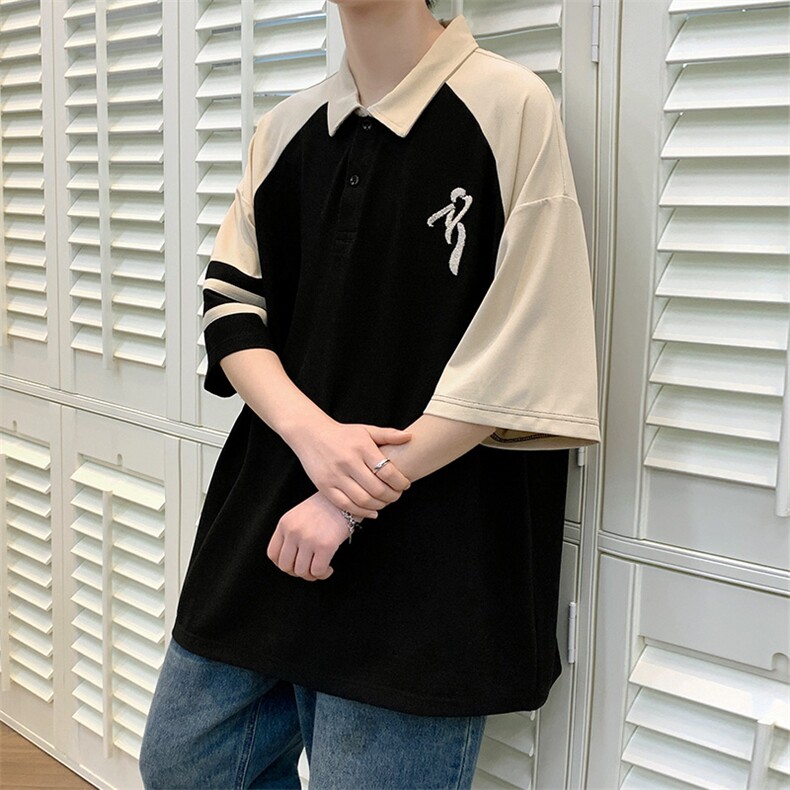 夏上新学生刺绣翻领短袖T恤男女同款时尚拼接半袖625-P35控价58,男装T恤,电商A441-1