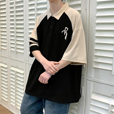 夏上新学生刺绣翻领短袖T恤男女同款时尚拼接半袖625-P35控价58，男装T恤，电商A441-1