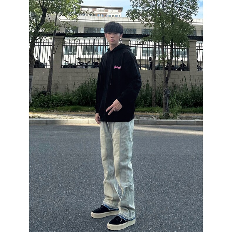美式vibe风裤子高街水洗渐变黑灰色牛仔裤男款修身微喇工装直筒裤,男装牛仔裤,电商B221