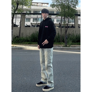 美式vibe风裤子高街水洗渐变黑灰色牛仔裤男款修身微喇工装直筒裤图片