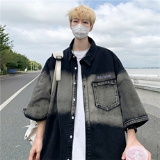 2025夏原版扎染水洗牛仔衬衫渐变五分袖文艺宽松衬衫CC982，男装T恤，星座1108
