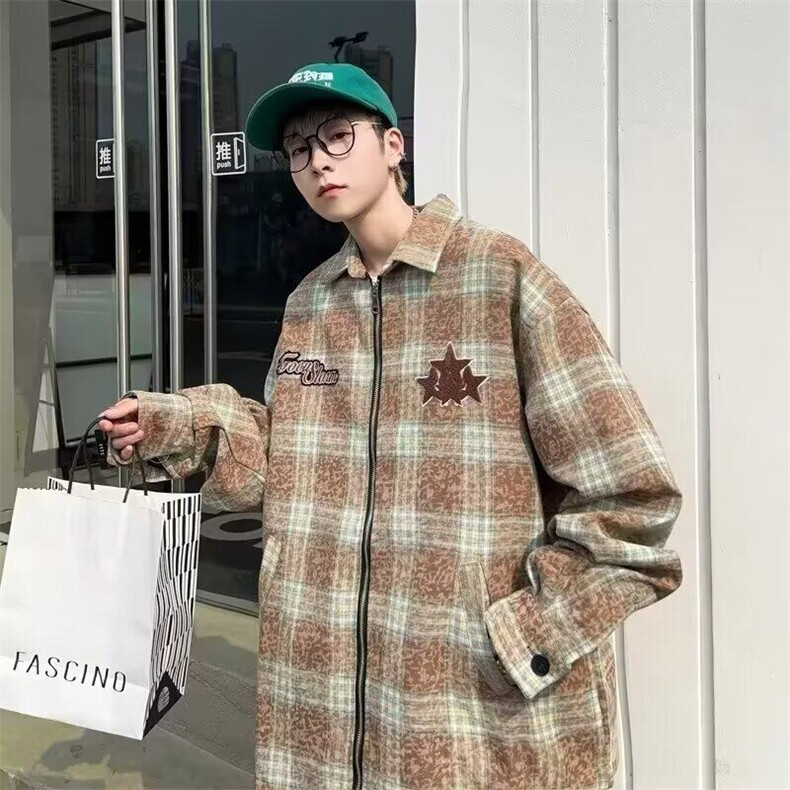 W370-P52毛呢格子双层内里刺绣衬衫夹克外套春秋新款上衣,男装夹克,星座911-1