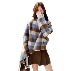 格纹双面羊毛绒大衣女短款2024秋冬韩系美拉蓝穿搭围巾羊毛呢外套图片